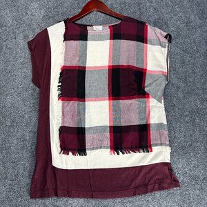 Anthropologie Postage Stamp Top Womens XS Maroon Plaid Fringe Detail Cap Sleeve